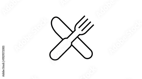 Clean black line vector icon of a crossed knife and fork, symbolizing food, restaurants, dining, cooking, and gastronomy. Minimalist and modern design ideal for menus, cafés, food apps, websites, deli