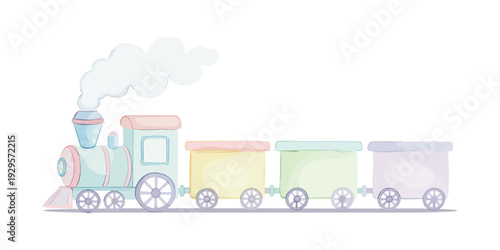 Cute colorful cartoon train with wagons on white background