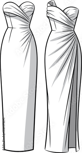 Art & IllustrationFlat fashion technical sketch of a women’s corset maxi dress featuring a boned bodice, sweetheart neckline, draped side slit skirt, front and back view.