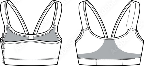Flat fashion technical sketch of a women’s athletic sports bra featuring a deep V-neckline, wide shoulder straps, racerback design, and front back view CAD.