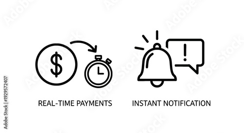 Real-Time Payments and Instant Notification Icons: Clock, Dollar Coin, and Bell Alert