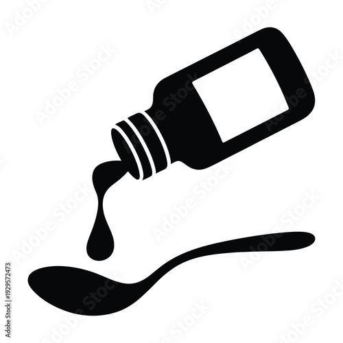 Medicine bottle pouring liquid syrup onto a spoon for health and wellness dosage