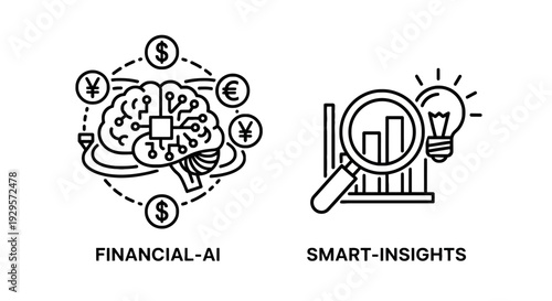 Financial AI Brain with Currency Symbols and Smart Insights Bar Chart Icons