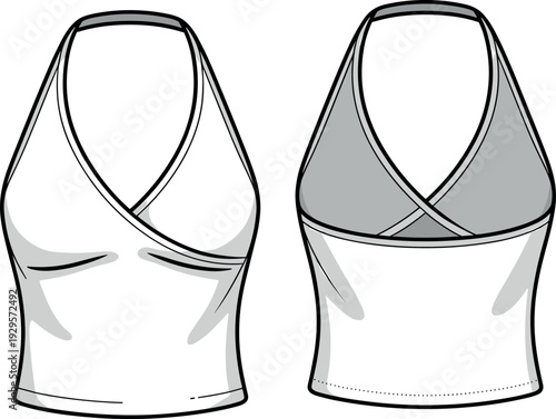 Art & IllustrationFlat fashion technical sketch of a women’s halter neck wrap front crop top featuring a crisscross back design, front and back view CAD vector.