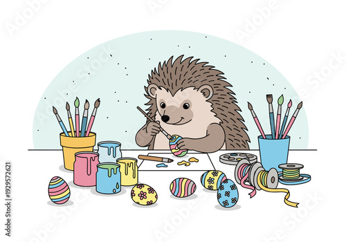 Cute anthropomorphic hedgehog with tools paints and decorates eggs on a workbench with paints, brushes and ribbons, vector illustration, flat design 