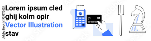 E-commerce, digital transactions, strategic planning, restaurant services, visual communication, business concepts. Hand holding card with payment terminal, knight chess piece fork. E-commerce