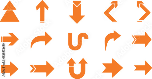 Set of minimalist orange directional arrows and symbols Vector, illustration