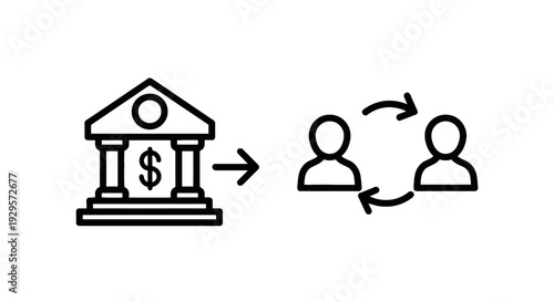 Financial transfer icons: bank building directing money flow to two individuals, symbolizing peer-to-peer.