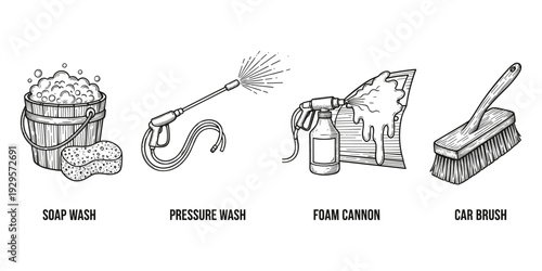 Car wash equipment and process sketches on transparent background