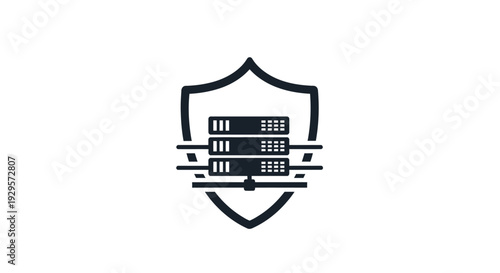 Simple shield logo design with server integration symbolizing security and data protection.