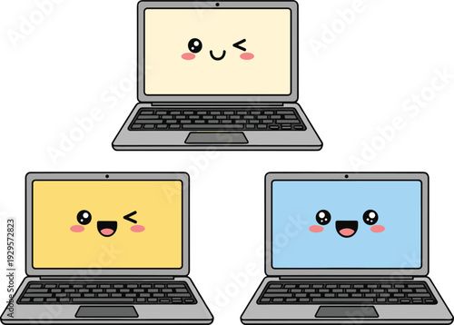 Cute Cartoon Laptop Characters Set with Smiling Screens Kawaii Faces Flat Vector Illustration Collection for Kids Technology Design