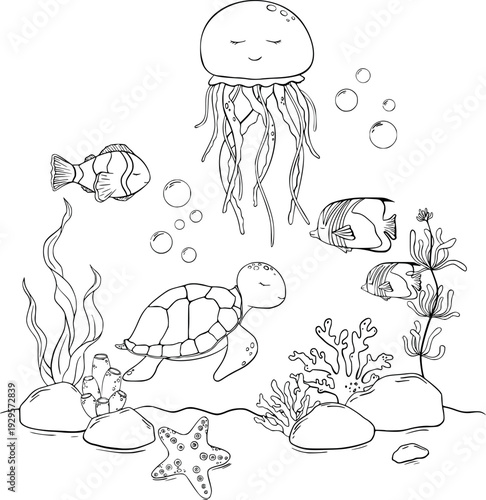 Underwater Animals. Cute undersea illustration with jellyfish, turtle, clownfish, shells, algae, corals and bubbles. Hand drawn outline painted in black and white of sea Fish for kids design, coloring