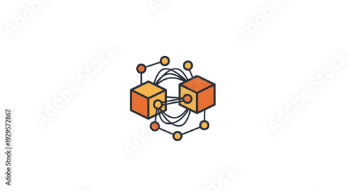 Interconnected orange cubes with flowing lines and nodes.