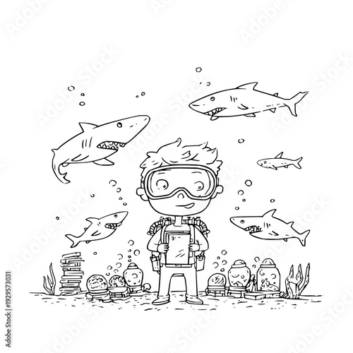 Scuba Diver Exploring Ocean with Sharks Underwater