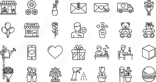 Flower shop and gift outline icon set with romantic delivery and celebration symbols