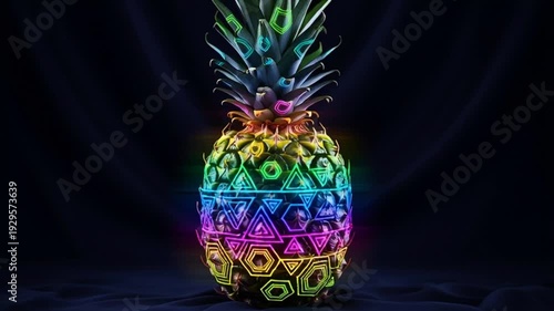Vibrant neon-lit pineapple with geometric patterns glows brightly on dark background