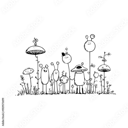 Cartoon Mushrooms with Faces Standing in Field