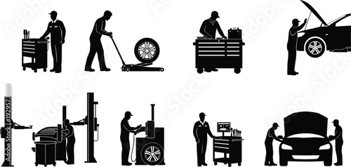 Black silhouette illustrations of mechanics performing automotive repair and maintenance tasks with tools, equipment, hydraulic lift, diagnostic cart,