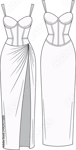 Flat fashion technical sketch of a women’s corset maxi dress featuring a boned bodice, sweetheart neckline, and draped side slit skirt, CAD vector template.Art & Illustration
