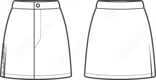 Art & IllustrationFlat fashion technical sketch of a women’s classic mini skirt featuring a high waist, front button closure, fly detail, and front back view CAD.
