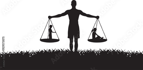 Silhouette of man holding scales with people in balance on white background