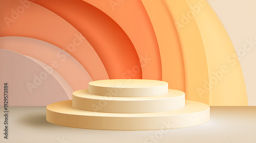 Abstract multi-layered podium with pastel rainbow backdrop