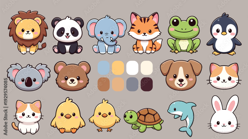 Obraz premium Set of 16 cute animal icons vector