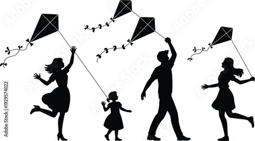 Family flying kites silhouette collection, parents and children playing outdoors together, happy childhood isolated on white background