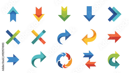 A collection of various colorful arrow icons in different shapes and directions on a white background with a graphic design style.