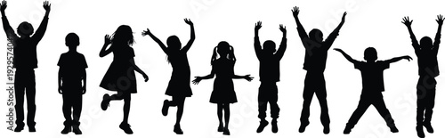 Silhouettes of joyful children standing in row with raised arms, jumping, playful poses, individuality, happiness, white background, flat vector