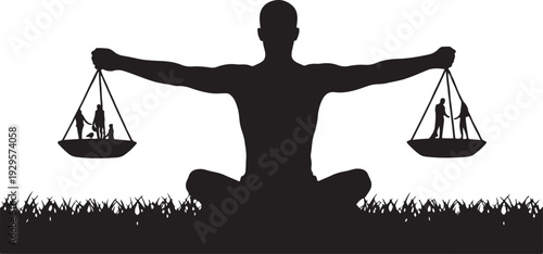 Silhouette of man meditating holding scales with people on white background