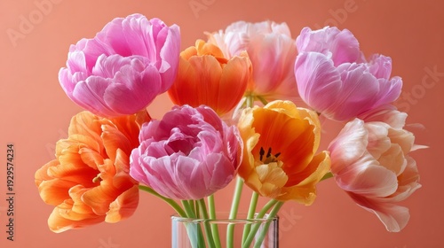 A vase of flowers with pink, orange, and yellow flowers