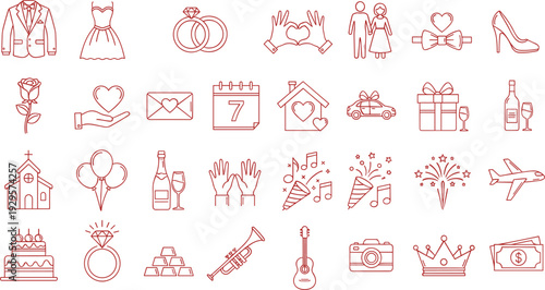 Wedding outline icon set with marriage ceremony love celebration and romantic event symbols