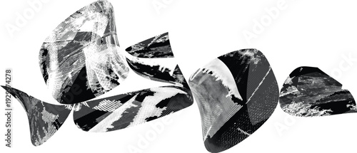 Glitch distorted geometric shape . Noise destroyed logo . Trendy defect error shapes . Glitched .Grunge textured . Distressed effect .Vector shapes with a halftone dots screen print texture.
