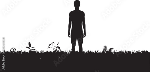 Silhouette of man standing in grass on white background
