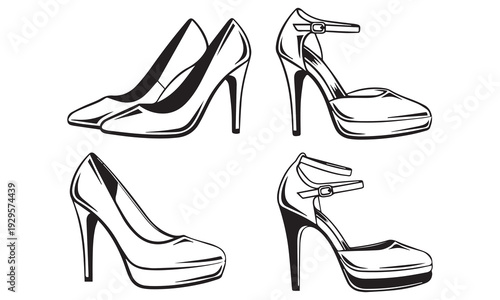 Stylish black and white high heel shoe illustrations featuring a variety of stiletto pumps, platform heels, ankle strap shoes, and animal print designs