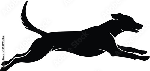 Black dog silhouette running fast isolated on white background for pet care animal rescue sports agility and canine friendship vector illustration design projects