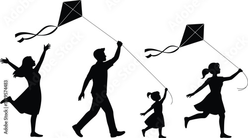 Happy family flying kites silhouettes set, parents and daughter playing in park, outdoor leisure isolated on white background