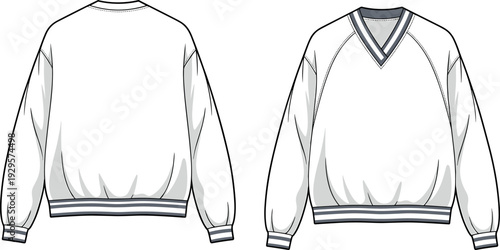 Art & IllustrationFlat fashion technical sketch of a women’s oversized V-neck sweatshirt featuring raglan sleeves, ribbed striped trim details, and a front and back view CAD.