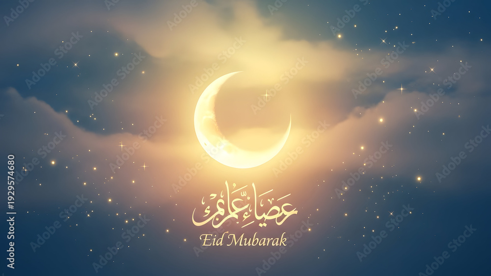 Fototapeta premium Ramadan kareem crescent moon with arabic calligraphy