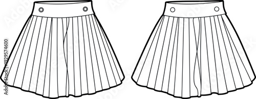 Art & IllustrationFlat fashion technical sketch of a women’s pleated mini skirt featuring a wide waistband with grommet eyelet details, front and 