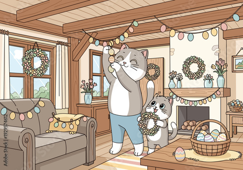 An adorable anthropomorphic cat family decorates a cozy house for Easter, hanging garlands of eggs and flower wreaths. Vector illustration, flat design.