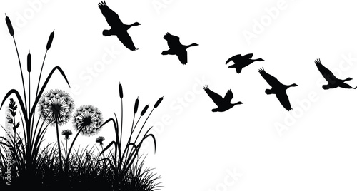 Black silhouette illustration of wild grasses, cattails, and dandelions with birds flying in formation, symbolizing migration, growth, and seasonal change in serene natural artwork