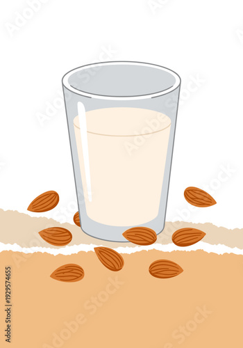 A glass of almond milk with a few whole almonds scattered nearby, hinting at the ingredient. Part of the background is shaped like torn paper.