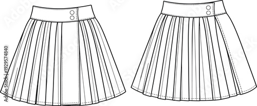 Flat fashion technical sketch of a women’s pleated wrap mini skirt with button waistband closure, front and back view CAD vector illustration template.Art & Illustration