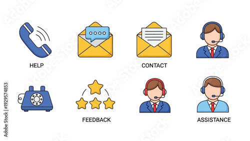 Flat lay of customer support icons and illustrations on a white background with a service and assistance theme.