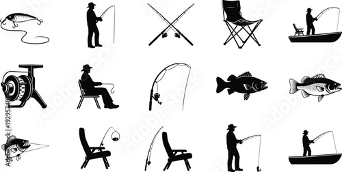 Collection of black and white fishing icons featuring rods, reels, lures, fish, boats, and chairs, symbolizing recreational fishing equipment, activities, and outdoor lifestyle artwork