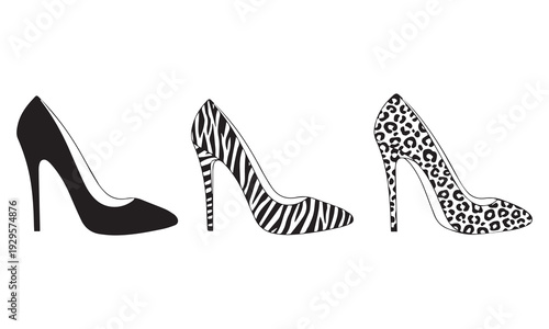 Stylish black and white high heel shoe illustrations featuring a variety of stiletto pumps, platform heels, ankle strap shoes, and animal print designs