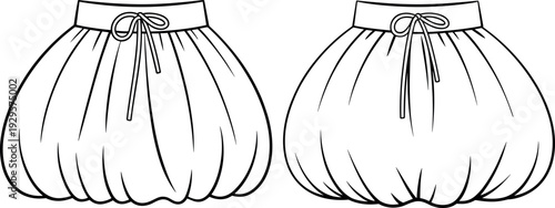 Art & IllustrationFlat fashion technical sketch of a women's bubble mini skirt featuring a gathered voluminous silhouette, drawstring elastic waistband, and front back view CAD.