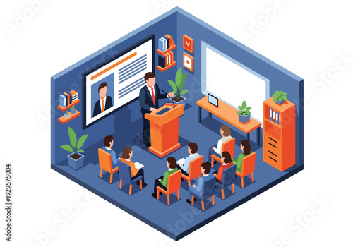 Isometric 3D vector illustration of startup founder presenting pitch to investors with presentation screen and charts representing entrepreneurship, funding and innovation business concept
